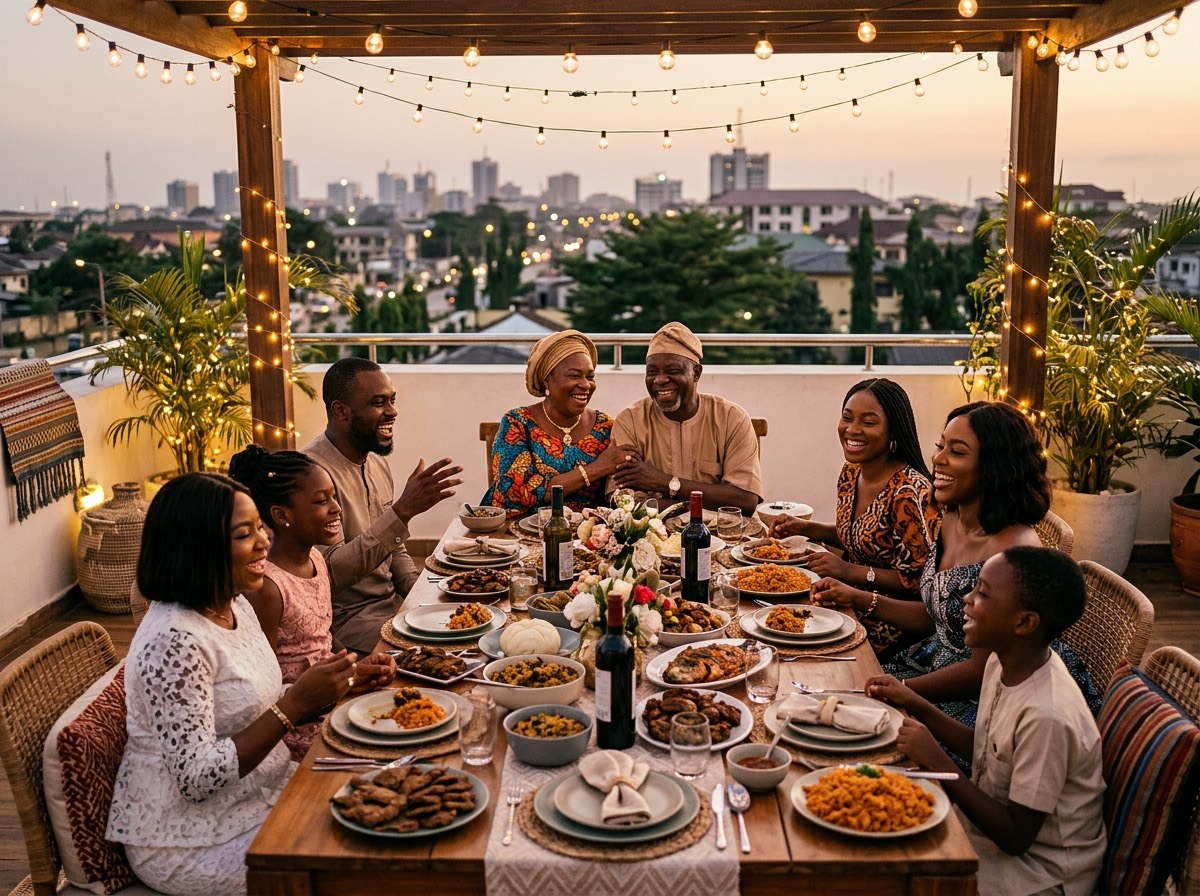 Three generations of a family laughing around a celebration dinner on a beautiful terrace